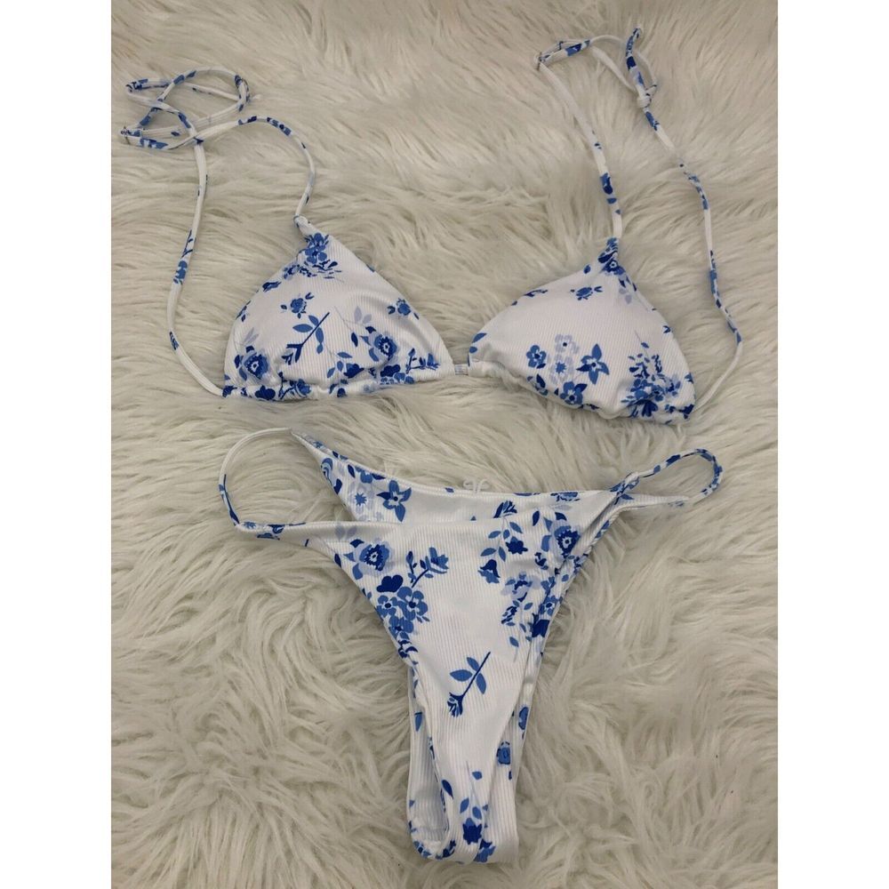 Zaful Womens Blue & White Floral Bikini Set Ribbed Adjustable Straps US 4 NWOT‎